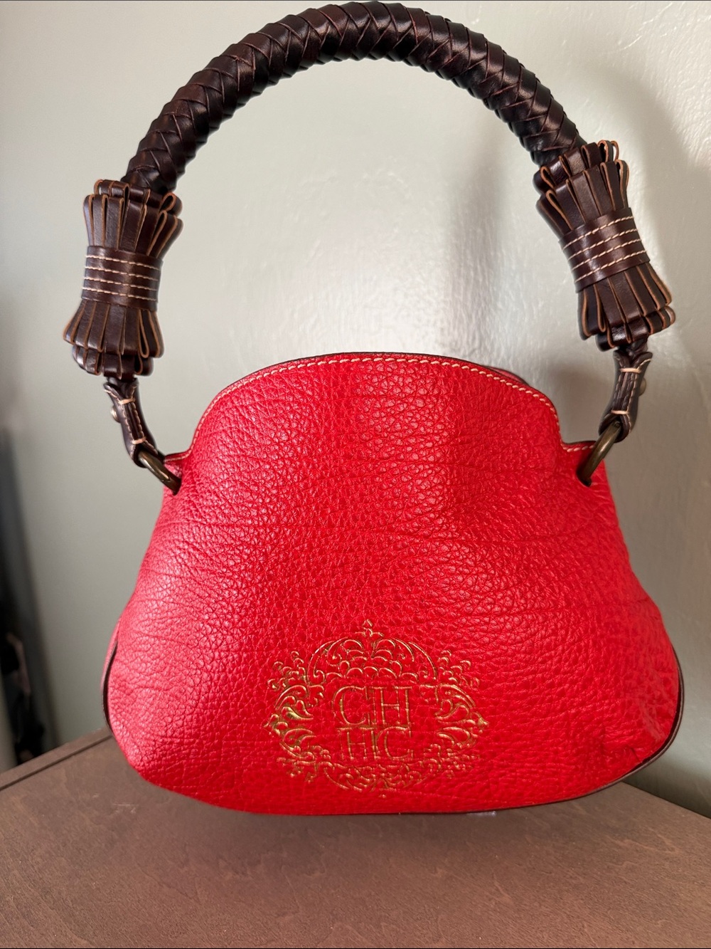 Carolina Herrera Red Leather Hobo Bag with Brown Braided Handle